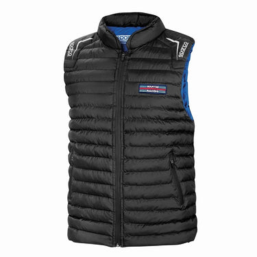 Black puffer vest with visible branding on a white background